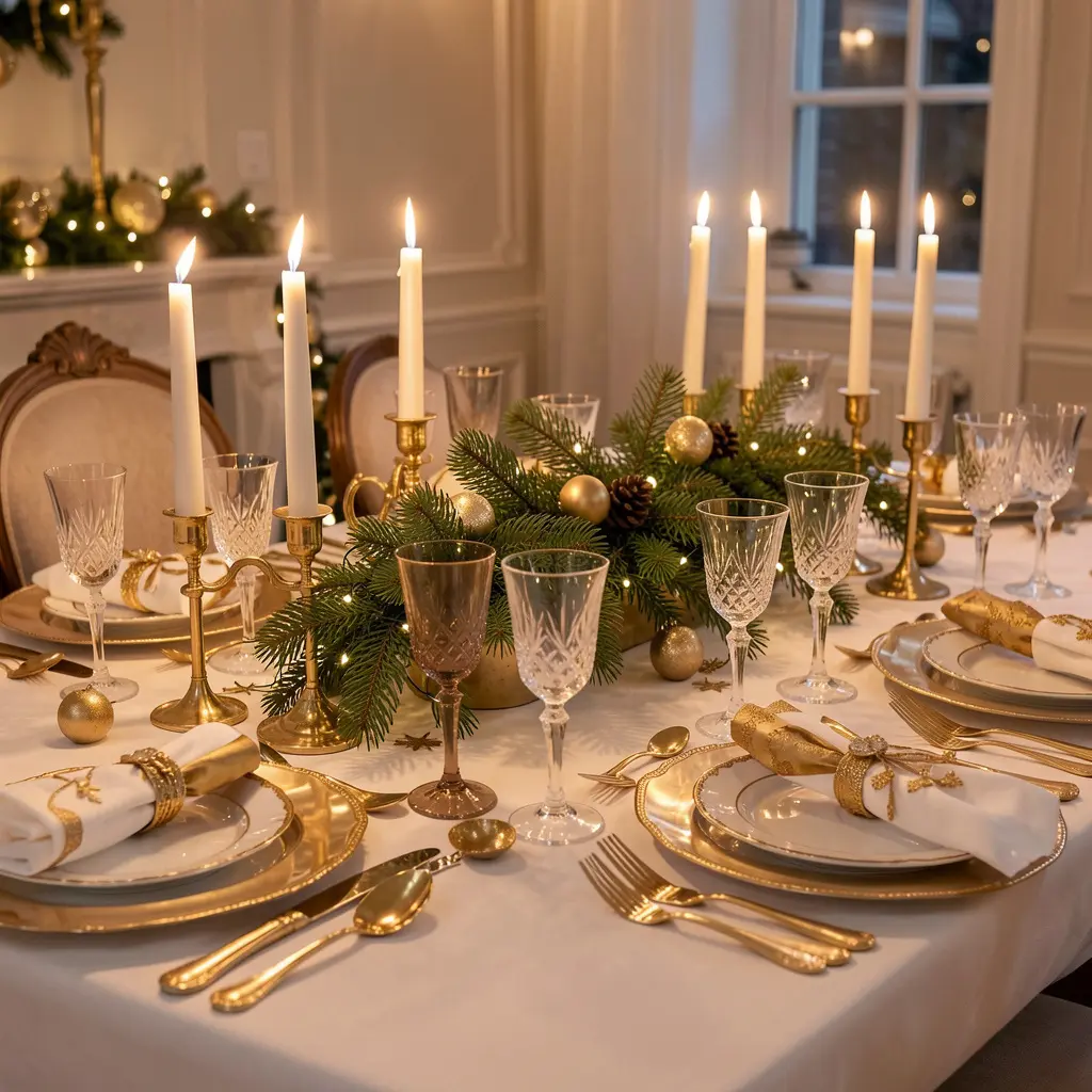 Elegant Christmas dinner table with gold accents and candlelight
