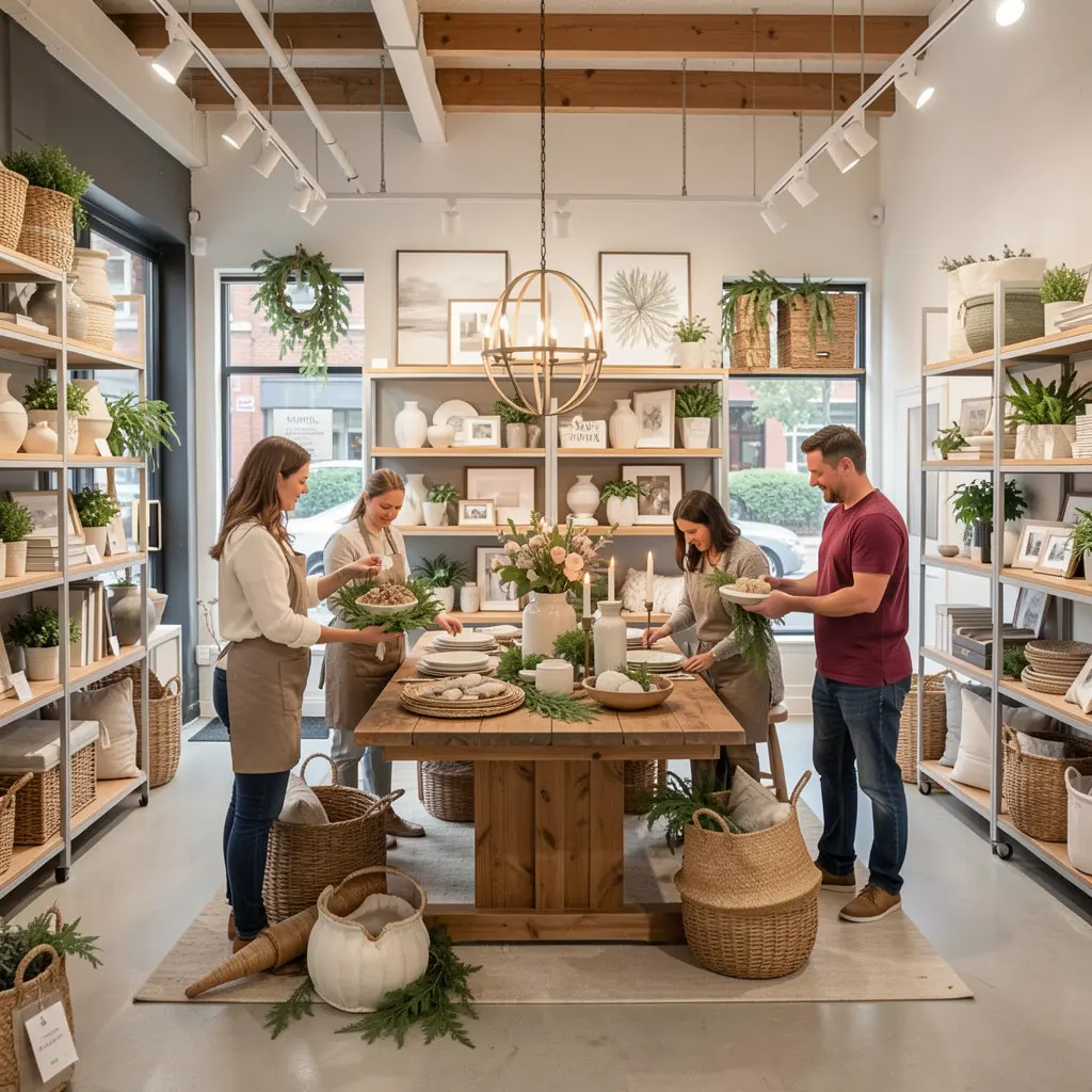 Team arranging seasonal home decor in Melbourne showroom
